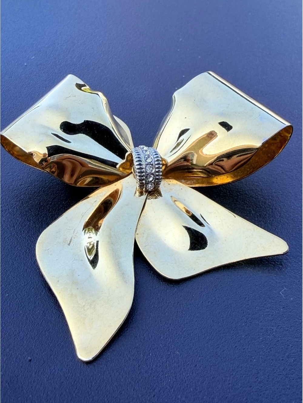 Vintage Gold Ribbon Bow Brooch Rhinestone Accent